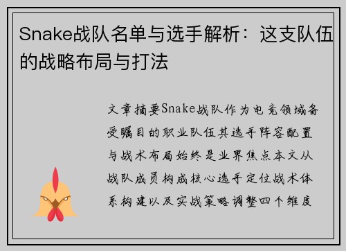 Snake战队名单与选手解析：这支队伍的战略布局与打法