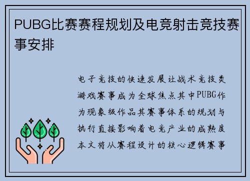 PUBG比赛赛程规划及电竞射击竞技赛事安排